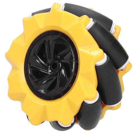 80mm Mecanum wheel, front view: yellow frame with black center hub and white rollers; two pairs
