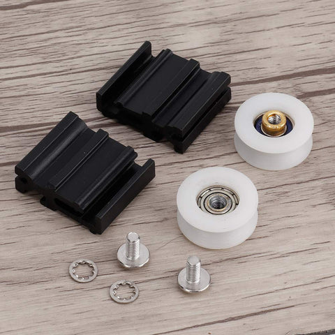 22mm Greenhouse Door Wheel Replacement Kit For Sliding Doors with black brackets, white wheels, and screws on wood surface