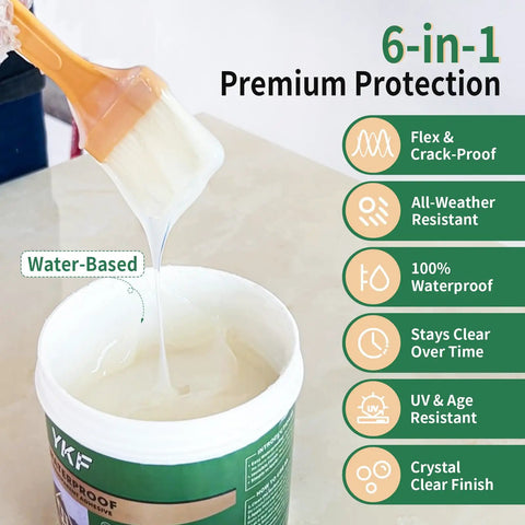 Transparent Waterproof Sealant Self Leveling Clear Coating Knock Out Roof Leaks And Gutters Water Based Brush On Membrane No Fuss Quick Cure Protection 68 Ounce Tub with brush applying sealant.