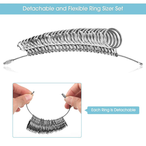 Handy Stainless Steel Ring Sizer Set With 27 Ring Gauges On Cable US Size 1 To 13 Plus Half Sizes shown in detached form