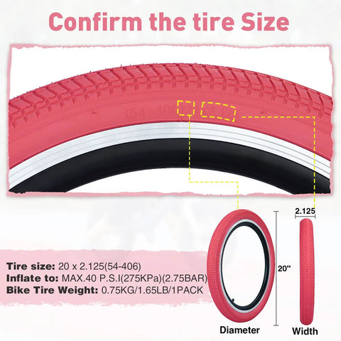 Illustration of Pink 20x2.125 Bike Tire With Tube Pack Of 2 For Kids Bikes, showing tire size and specifications