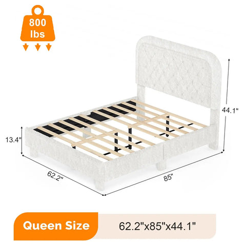 White Queen Boucle Upholstered Platform Bed With Rounded Headboard Sturdy Wood Slats plush cloud cushioning, queen size 62.2'x85'x44.1'
