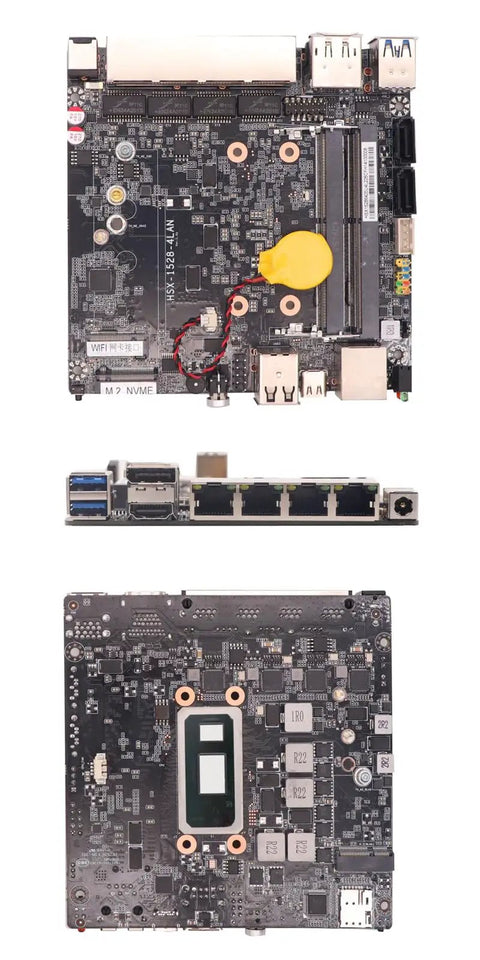 Rock Solid Fanless Mini PC Driven By Intel 8145U Processor And Quad 2.5GbE Lan Ports motherboard showing ports and layout.