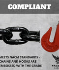 Heavy Duty One Half Inch By Twenty Foot Grade Eighty Transport Binder Chain With Twelve Thousand Lbs WLL And Forty Eight Thousand Lbs Break Strength, Clevis Grab Hooks For Tie Down And Towing, Oil Free Surface And Corrosion Resistant Blackened Steel. Close-up of chain link and clevis hook.