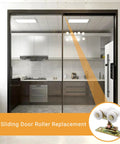 Sliding door with focus on Pocket Door Roller Replacement Kit Three Quarter Inch Sliding Door Wheels With Top Hanger For Closet Bypass And RV Sliding Doors, Includes 2 Rollers, 2 Top Hangers And 4 Screws, Adjustable Height From 1.75 To 2.12 Inches, Durable Hardware