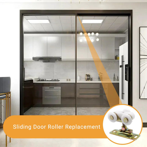 Sliding door with focus on Pocket Door Roller Replacement Kit Three Quarter Inch Sliding Door Wheels With Top Hanger For Closet Bypass And RV Sliding Doors, Includes 2 Rollers, 2 Top Hangers And 4 Screws, Adjustable Height From 1.75 To 2.12 Inches, Durable Hardware