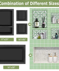 Recessed Shower Niche Organizer With Two-Tier Shelves, 14x16.5 Big Grid And 14x6 Small Grid displayed with size options and installed examples.