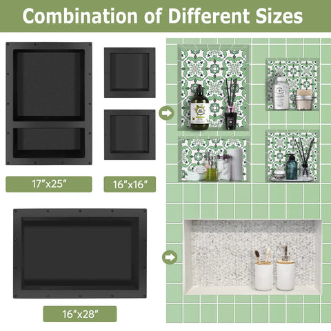 Recessed Shower Niche Organizer With Two-Tier Shelves, 14x16.5 Big Grid And 14x6 Small Grid displayed with size options and installed examples.