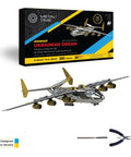 Antonov Mriya AN-225 Exclusive Edition Mechanical Model Kit, gold finish with tools shown, box and built model displayed