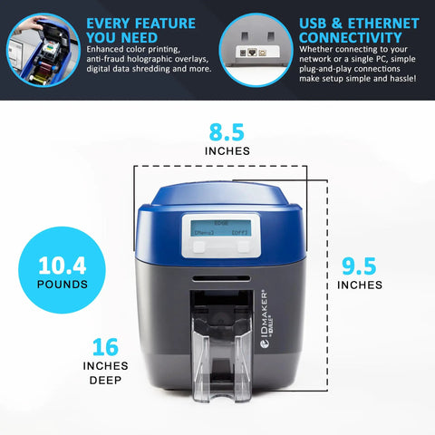 Hella Fast Dual Side ID Card Printer For Tough PVC Badges, measuring 8.5x9.5x16 inches, ideal for staff IDs and membership tags.