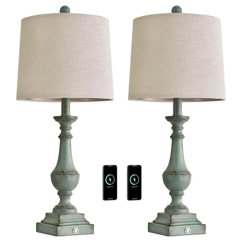 Three Way Dimmable Touch Table Lamps Set Of Two With USB Ports For Quick Phone Charging Ideal For Bedroom Nightstand Or Living Room Rustic Green Finish And Modern Look