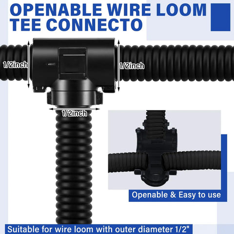 8 Piece One Half Inch Wire Loom Connector Set for Auto and Home Harnesses with openable tee connector on white background