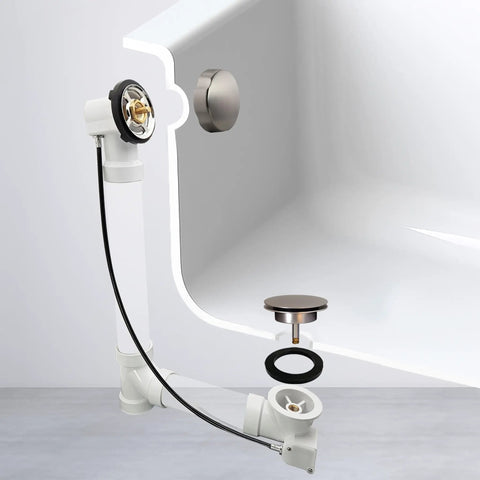 Heavy Duty Cable Driven Bath Waste Drain Assembly With Twenty Seven Long Cable And Solid Brass Handle Fits One Half Schedule Forty PVC Pipe Featuring Smooth Pop Up Stopper Valve And Tight Strainer Plate For Hassle Free Bathroom Updates, shown installed with tub.