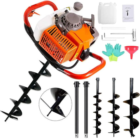 72cc Gas Powered Post Hole Digger With Earth Auger And 3 Drill Bits 4 Inch 8 Inch 12 Inch Plus 2 Extension Rods For Farm Garden Yard Posts Fence Poles Easy Setup shown with accessories