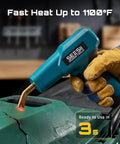 Worker using Beefy 150W Plastic Welder Kit 2 In 1 Hot Stapler And Soldering Iron on cracked green plastic, heated to 1100°F