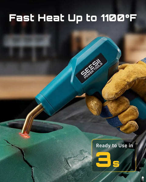 Worker using Beefy 150W Plastic Welder Kit 2 In 1 Hot Stapler And Soldering Iron on cracked green plastic, heated to 1100°F