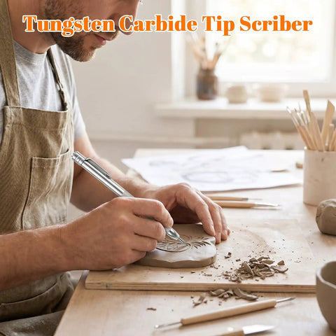 Heavy Duty Tungsten Carbide Scriber Kit With Two No Fuss Etching Pens And Twelve Spare Replacement Tips Boasting A Slick Magnetic Clip For Quick Sheet Metal Hard Steel Marking, person engraving clay.