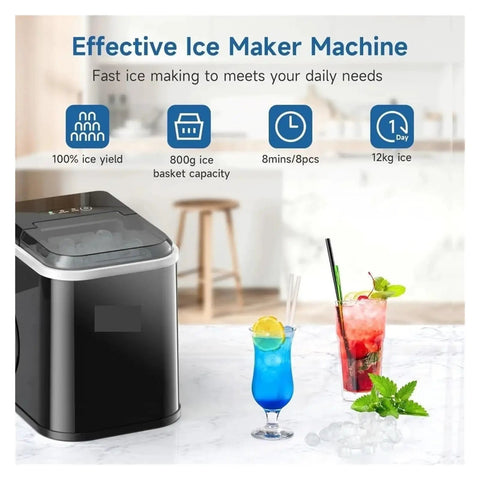 No Fuss Portable Countertop Ice Maker With Sturdy Carry Handle And Easy Self Cleaning Cycle Fast Freeze Compact Ice Machine beside drinks.