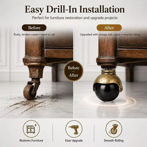Two Inch Ball Caster Wheels Set Of Four For Furniture Replacement Antique Brass Stem Chair Casters For Chairs Cabinets Coffee Tables And Office Furniture For Smooth Rolling 360 Lbs Per Set No Fuss Easy Glide, before and after install