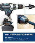 Pro Grade Heavy Duty M2 HSS Step Drill Bit Set For Metal Plastic Wood Aluminum From One Quarter Inch To One And Three Eighths Inch With Multi Hole Sizes For Faster Sharper Drilling And Longer Life attached to power drill