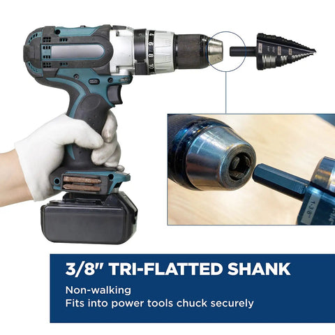 Pro Grade Heavy Duty M2 HSS Step Drill Bit Set For Metal Plastic Wood Aluminum From One Quarter Inch To One And Three Eighths Inch With Multi Hole Sizes For Faster Sharper Drilling And Longer Life attached to power drill