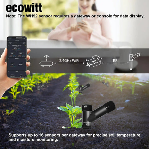 3 In 1 Soil Meter Sensor For Garden Monitoring Moisture Temperature And Electrical Conductivity Readings Sensor Only That Pairs With Gateway Or Console At 915 MHz And No Fuss WiFi Setup, black plastic probe