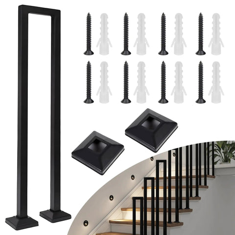 Tough As Nails Vertical U Shaped Stair Handrail With Slick Matte Black Finish Forged From Heavy Duty Square Iron Built To Last for indoor outdoor use.