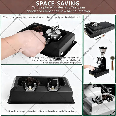 Electric Portafilter Cleaner And Espresso Grounds Collection Tray For 58mm Machines Boasts Automatic Vacuum Action for space-saving under a grinder.