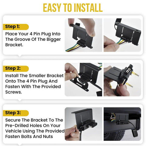 Step-by-step installation of Built Like A Tank Four Way Flat Trailer Wiring Harness And Bracket Set with dust caps and connectors.