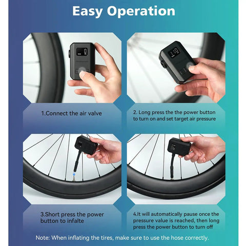 Steps to use Mini Electric Bike Pump With Gauge And Auto Stop with USB C, showing connection to tire, setting pressure, and inflating.