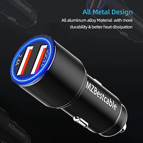 Keep Your Rig Charged Dual Port Car Charger With Quick Charge 3.0 and Six Foot Heavy Duty Nylon Braided USB C Cable For Motorola Phones Universal 12 To 24V Plug And Play Fast Fueling On The Road black aluminum alloy car charger with dual USB ports and blue light indicator