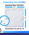 Image showing measurements of Two Pack 9.5x9.5x0.75 Pleated MERV 8 Air Filters For AC Furnace Dust And Allergy Control Electrostatic Made In USA HVAC Filter Set Perfect For Home And Office Systems Keeps Dust Down And Air Quality Top Notch.