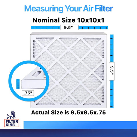 Image showing measurements of Two Pack 9.5x9.5x0.75 Pleated MERV 8 Air Filters For AC Furnace Dust And Allergy Control Electrostatic Made In USA HVAC Filter Set Perfect For Home And Office Systems Keeps Dust Down And Air Quality Top Notch.