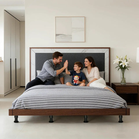 Family enjoying time on a bed with Heavy Duty Adjustable Bed Legs With Grippy Rubber Base Straight Up Reliable Furniture Feet.