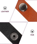 Close-up of Premium Leather Cord Organizer Straps showing brown and black leather materials with metal snaps.