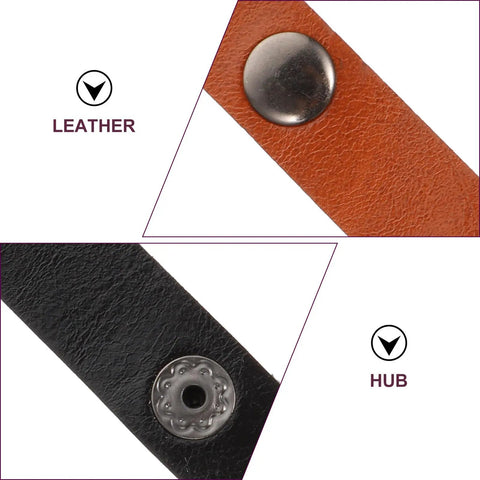 Close-up of Premium Leather Cord Organizer Straps showing brown and black leather materials with metal snaps.