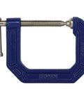 Super Handy Quick Grip C Clamp Two And A Half Inch Opening And Two And A Half Inch Throat Depth Smooth Rolled Threads For Fast Secure Hold On Woodworking And Metalworking Projects blue steel C-clamp with screw handle