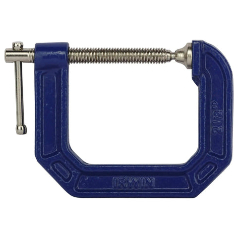 Super Handy Quick Grip C Clamp Two And A Half Inch Opening And Two And A Half Inch Throat Depth Smooth Rolled Threads For Fast Secure Hold On Woodworking And Metalworking Projects blue steel C-clamp with screw handle