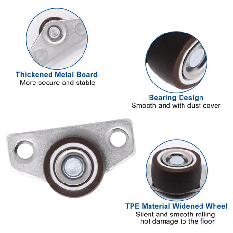 Close-up of 8 Piece Low Profile Mini Caster Wheels Set Side Mount with TPE wheel, thickened metal board, and bearing design.