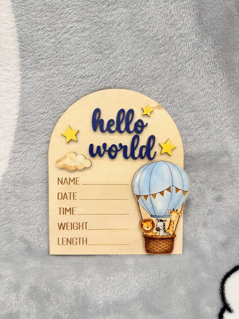 Hot Air Balloon Arch Birth Announcement Sign With 3D Hello World Text And Safari Animal Passengers Baby Name Plaque