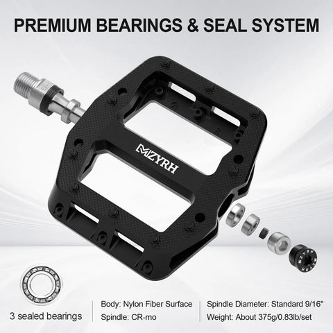 Rugged Nylon Fiber Mountain Bike Pedals With Nine Sixteen Inch Spindle, Three Sealed Bearings, Lightweight Grippy Non Slip Platform