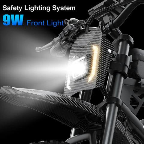 Front view of Powerful 2000W Electric Dirt Bike For Adults With 48V 18Ah Battery 110Nm Torque Pedal Assist showing 9W front light