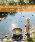 Floating Bee Island Watering Station For Outdoor Gardens, Butterfly Friendly Feeder And Garden Decor near pond with bees.
