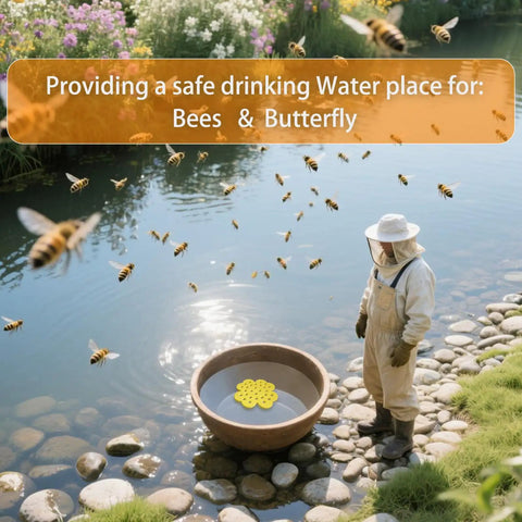Floating Bee Island Watering Station For Outdoor Gardens, Butterfly Friendly Feeder And Garden Decor near pond with bees.