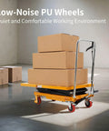 Heavy Duty Hydraulic Lift Table Cart Featuring 770 Pound Load Capacity And Rock Solid Double Scissor Mechanism For Warehouse Operations Makes Daily Hauling A Total Breeze with stacked boxes on low-noise PU wheels.