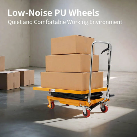 Heavy Duty Hydraulic Lift Table Cart Featuring 770 Pound Load Capacity And Rock Solid Double Scissor Mechanism For Warehouse Operations Makes Daily Hauling A Total Breeze with stacked boxes on low-noise PU wheels.