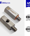 Two Cosmostar stainless steel 1/8 in NPT tee oil pressure sensor adapters, front view, with male and female threads.