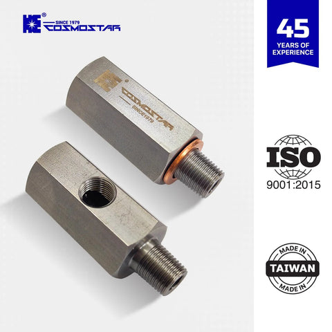 Two Cosmostar stainless steel 1/8 in NPT tee oil pressure sensor adapters, front view, with male and female threads.
