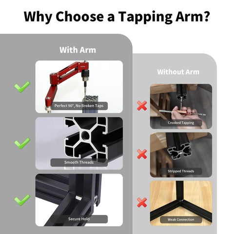 Comparison of tapping results with and without Desktop Tapping Arm With 90 Degree Vertical Tap Guide Jig For Aluminum Extrusions M2 To M10.