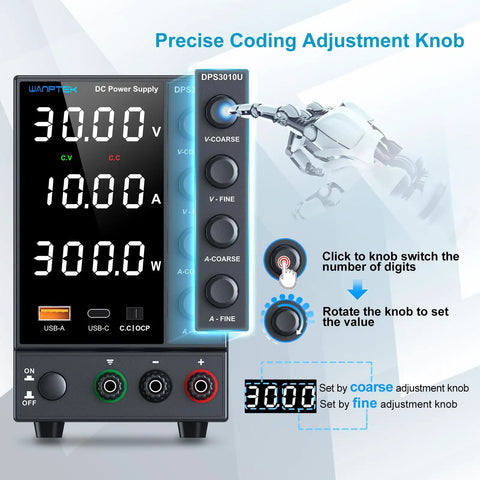 Pro Grade DC Bench Power Supply 0 To 30V 0 To 10A with coarse and fine encoder knobs, adjustable output, USB Type C, four digit display
